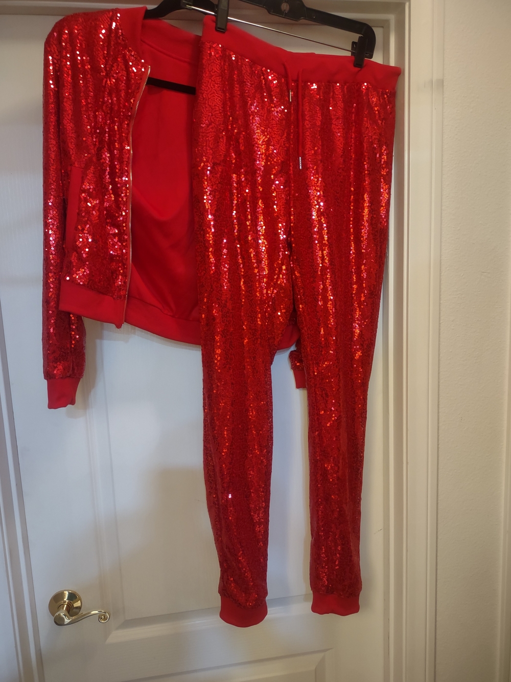 Women's Red Sequin Straight-Leg Pants